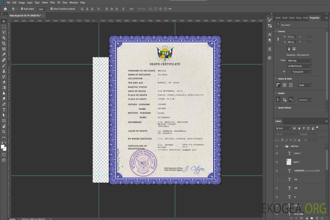 Modèle PSD de certificat de décès en République centrafricaine template